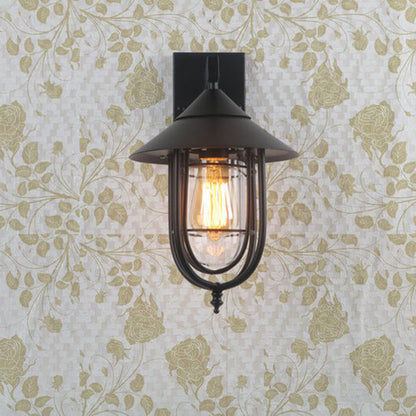 Foundry Iron Lantern Sconce, Large Black Bronze Glass Vintage Wall Lantern for Barn, Workshop & Porch