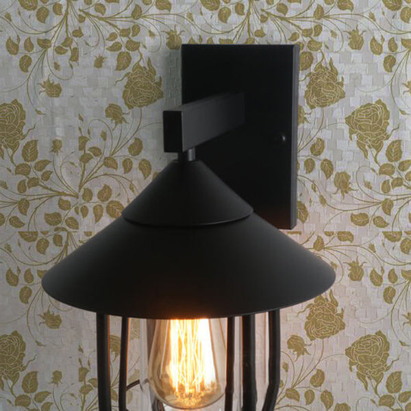 Foundry Iron Lantern Sconce, Large Black Bronze Glass Vintage Wall Lantern for Barn, Workshop & Porch