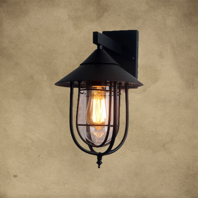 Foundry Iron Lantern Sconce, Large Black Bronze Glass Vintage Wall Lantern for Barn, Workshop & Porch