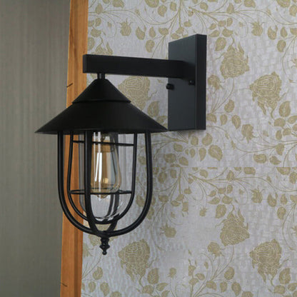 Foundry Iron Lantern Sconce, Large Black Bronze Glass Vintage Wall Lantern for Barn, Workshop & Porch
