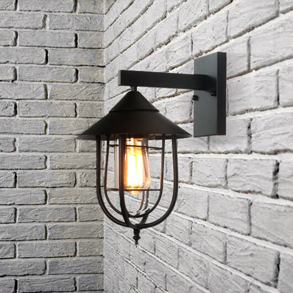 Foundry Iron Lantern Sconce, Large Black Bronze Glass Vintage Wall Lantern for Barn, Workshop & Porch