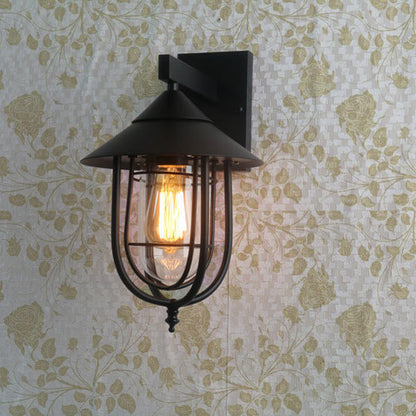 Foundry Iron Lantern Sconce, Large Black Bronze Glass Vintage Wall Lantern for Barn, Workshop & Porch