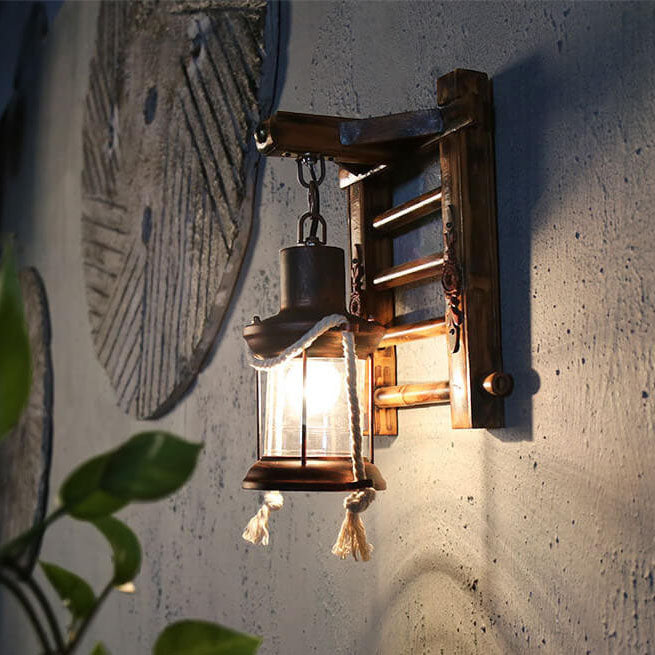Corran Bamboo Kerosene Style Lantern, Copper Bamboo & Glass Indoor Wall Light for Hallway & Stairway
