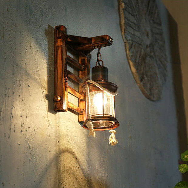 Corran Bamboo Kerosene Style Lantern, Copper Bamboo & Glass Indoor Wall Light for Hallway & Stairway