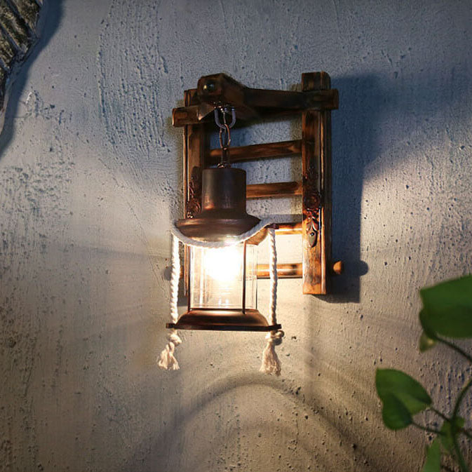Corran Bamboo Kerosene Style Lantern, Copper Bamboo & Glass Indoor Wall Light for Hallway & Stairway