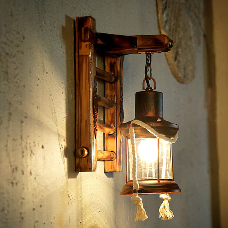 Corran Bamboo Kerosene Style Lantern, Copper Bamboo & Glass Indoor Wall Light for Hallway & Stairway
