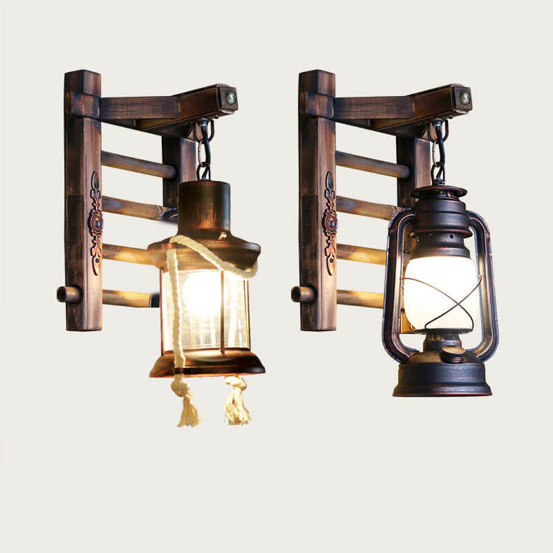 Corran Bamboo Kerosene Style Lantern, Copper Bamboo & Glass Indoor Wall Light for Hallway & Stairway