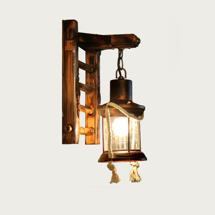 Corran Bamboo Kerosene Style Lantern, Copper Bamboo & Glass Indoor Wall Light for Hallway & Stairway