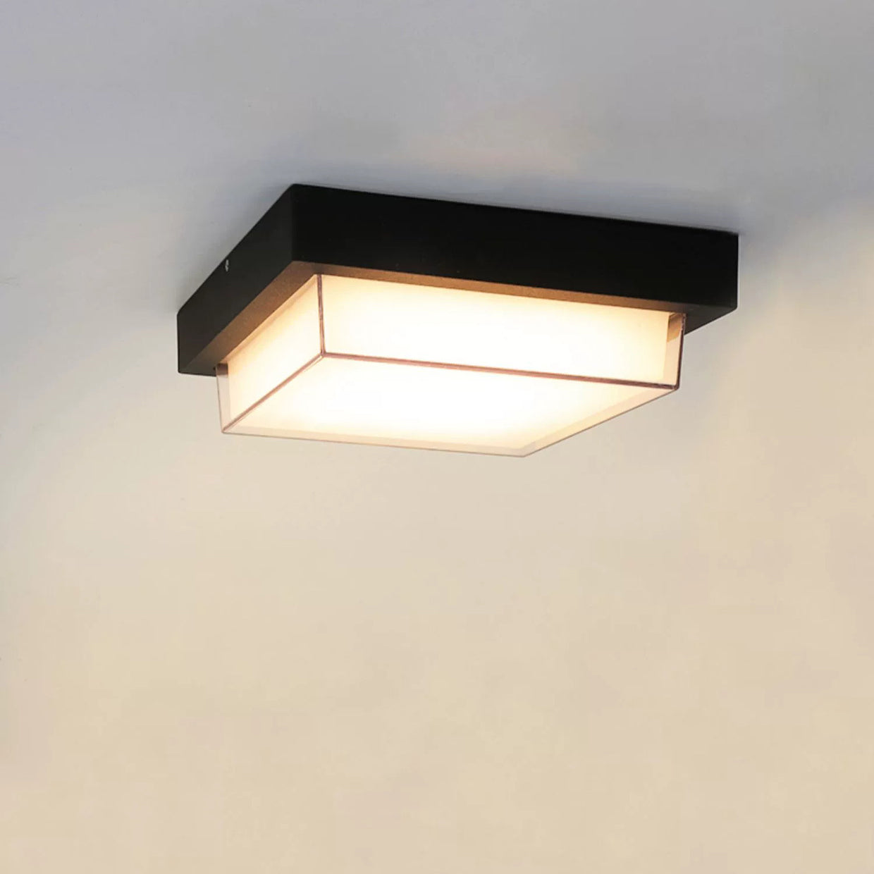 Ellis Square Ceiling Light, Black IP65 Waterproof LED Outdoor Flush Mount for Carport, Porch & Walkway