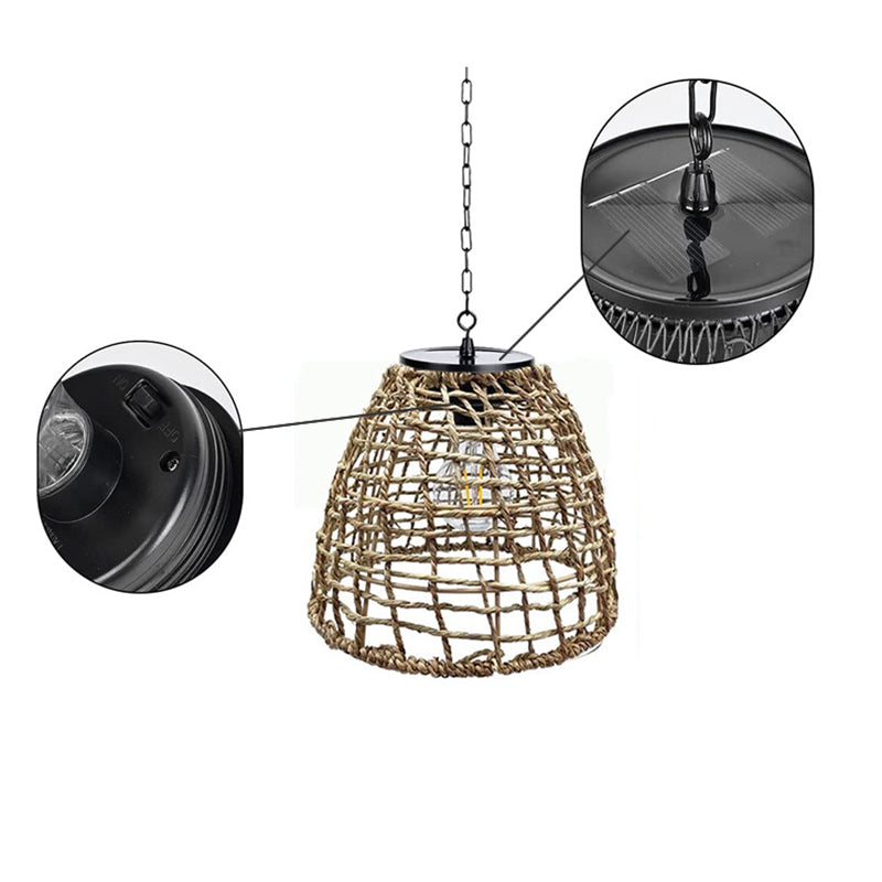 Thatch Solar Cage Pendant, Iron or Rattan Hanging Solar Garden Light for Pergola, Tree & Covered Walkway
