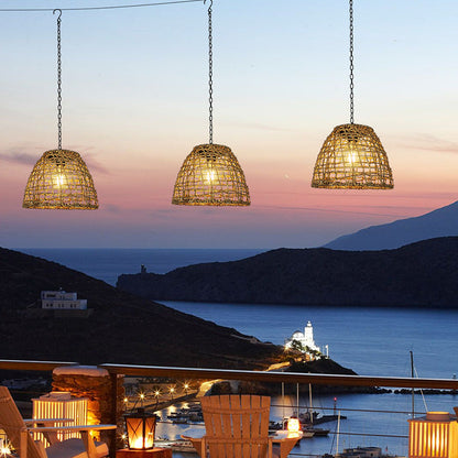Thatch Solar Cage Pendant, Iron or Rattan Hanging Solar Garden Light for Pergola, Tree & Covered Walkway