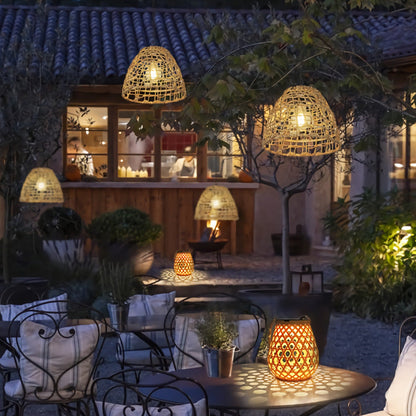 Thatch Solar Cage Pendant, Iron or Rattan Hanging Solar Garden Light for Pergola, Tree & Covered Walkway