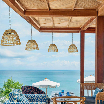 Thatch Solar Cage Pendant, Iron or Rattan Hanging Solar Garden Light for Pergola, Tree & Covered Walkway