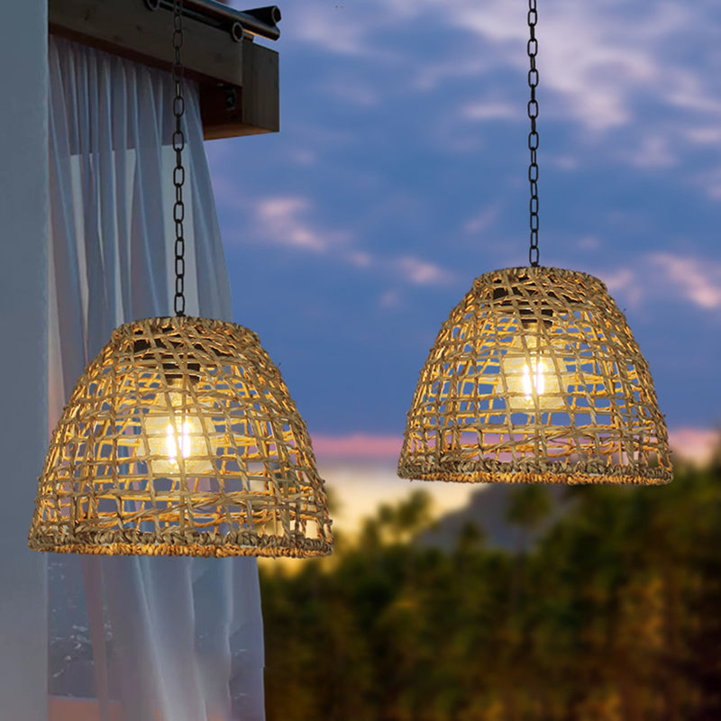 Thatch Solar Cage Pendant, Iron or Rattan Hanging Solar Garden Light for Pergola, Tree & Covered Walkway
