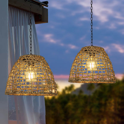 Thatch Solar Cage Pendant, Iron or Rattan Hanging Solar Garden Light for Pergola, Tree & Covered Walkway