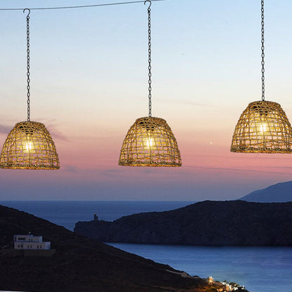 Thatch Solar Cage Pendant, Iron or Rattan Hanging Solar Garden Light for Pergola, Tree & Covered Walkway