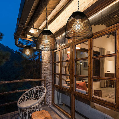 Thatch Solar Cage Pendant, Iron or Rattan Hanging Solar Garden Light for Pergola, Tree & Covered Walkway