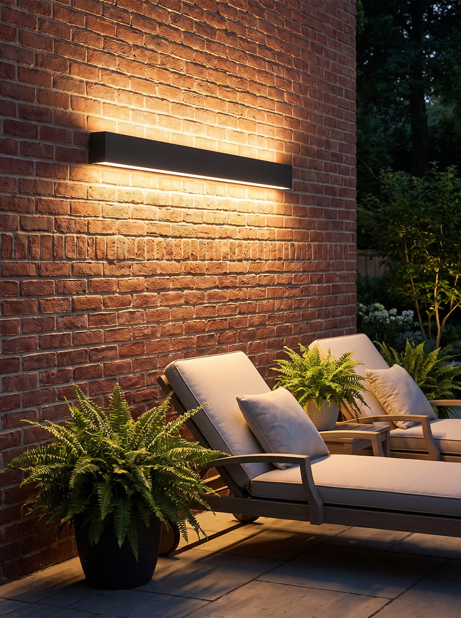 Halden outdoor wall light washing a brick patio wall at night