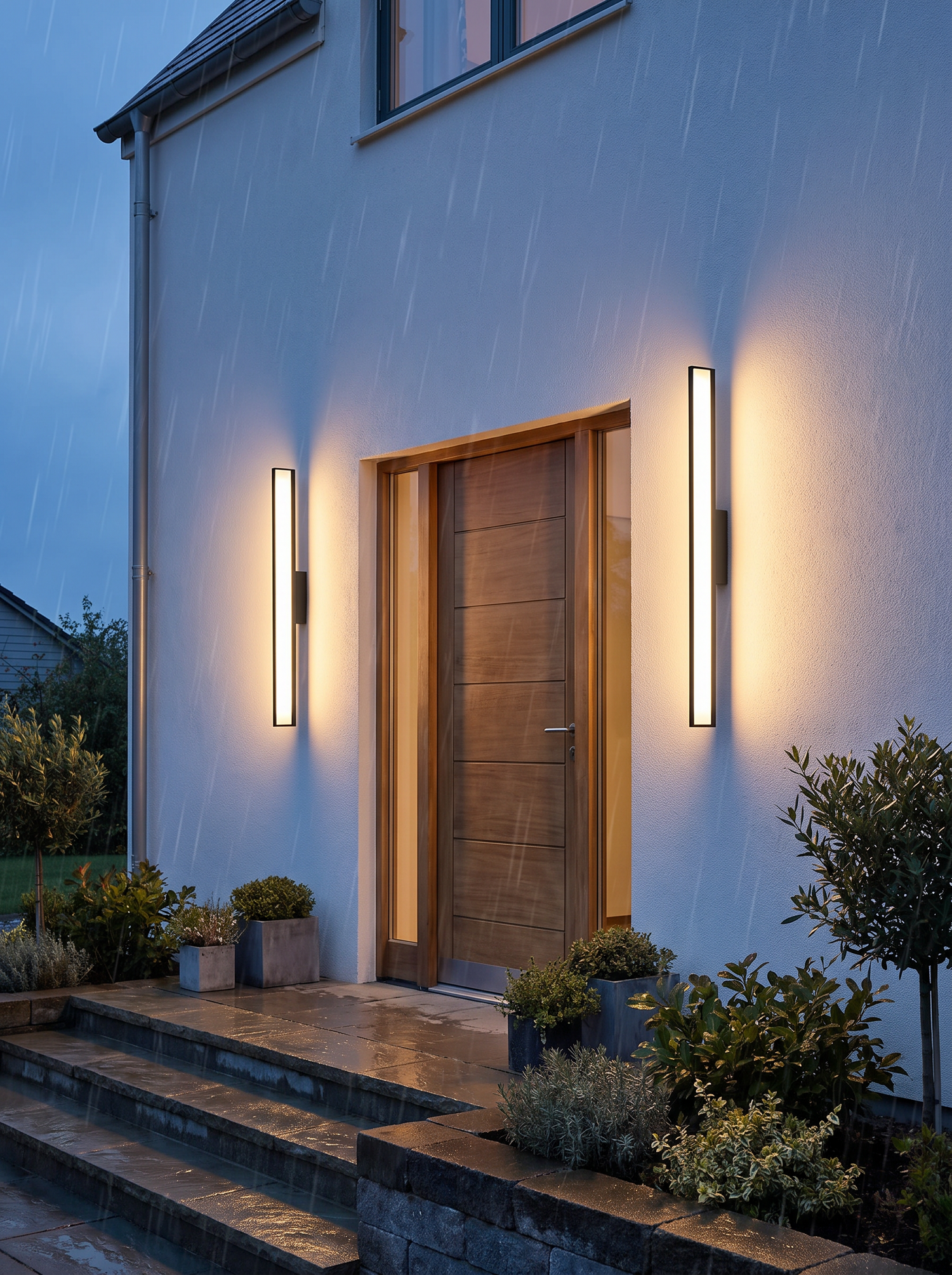 Pair of Halden black linear outdoor wall lights flanking a front door at dusk