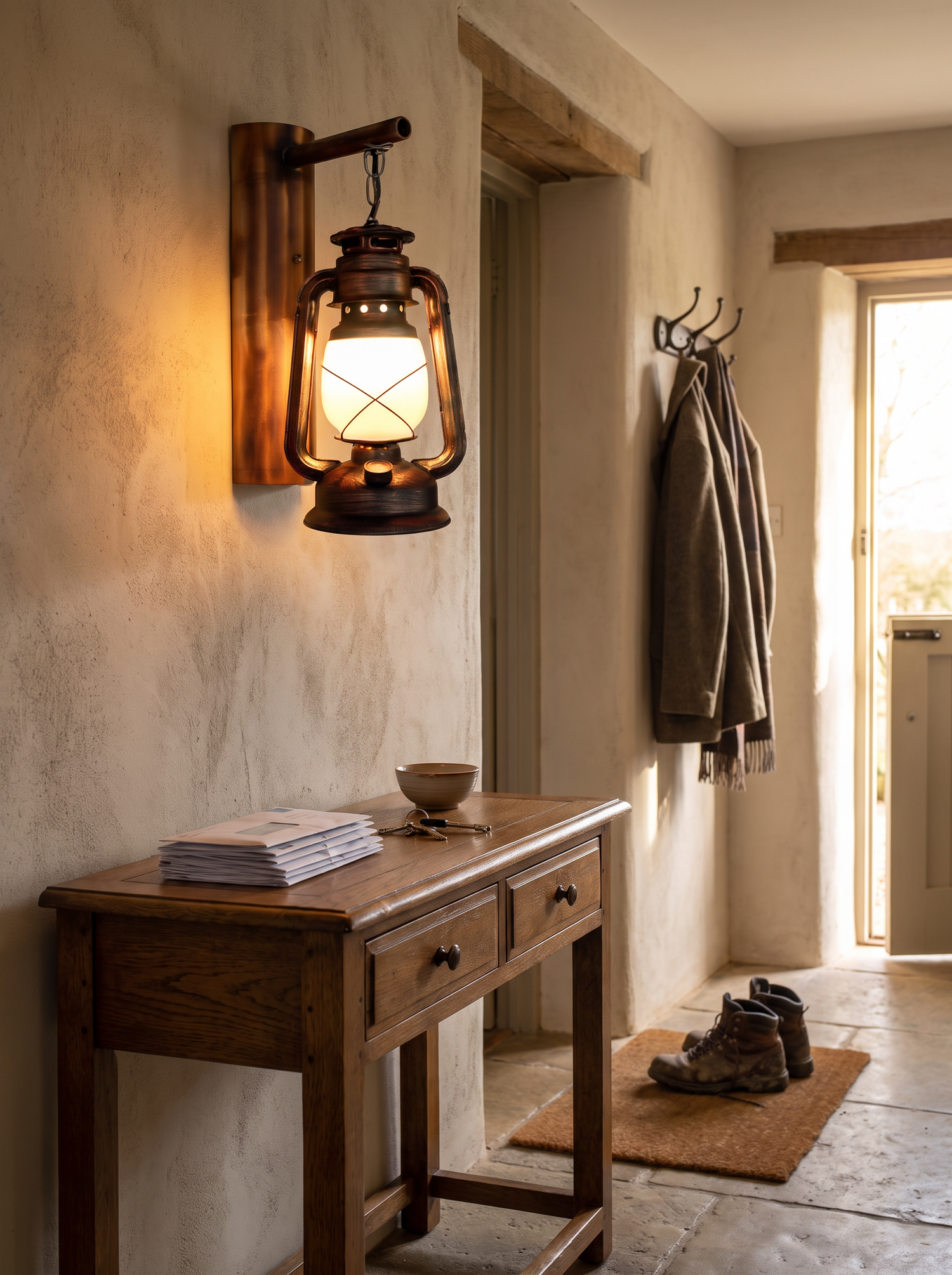 Barrow Stable Lantern Sconce, Rustic Wood & Iron Indoor Wall Light for