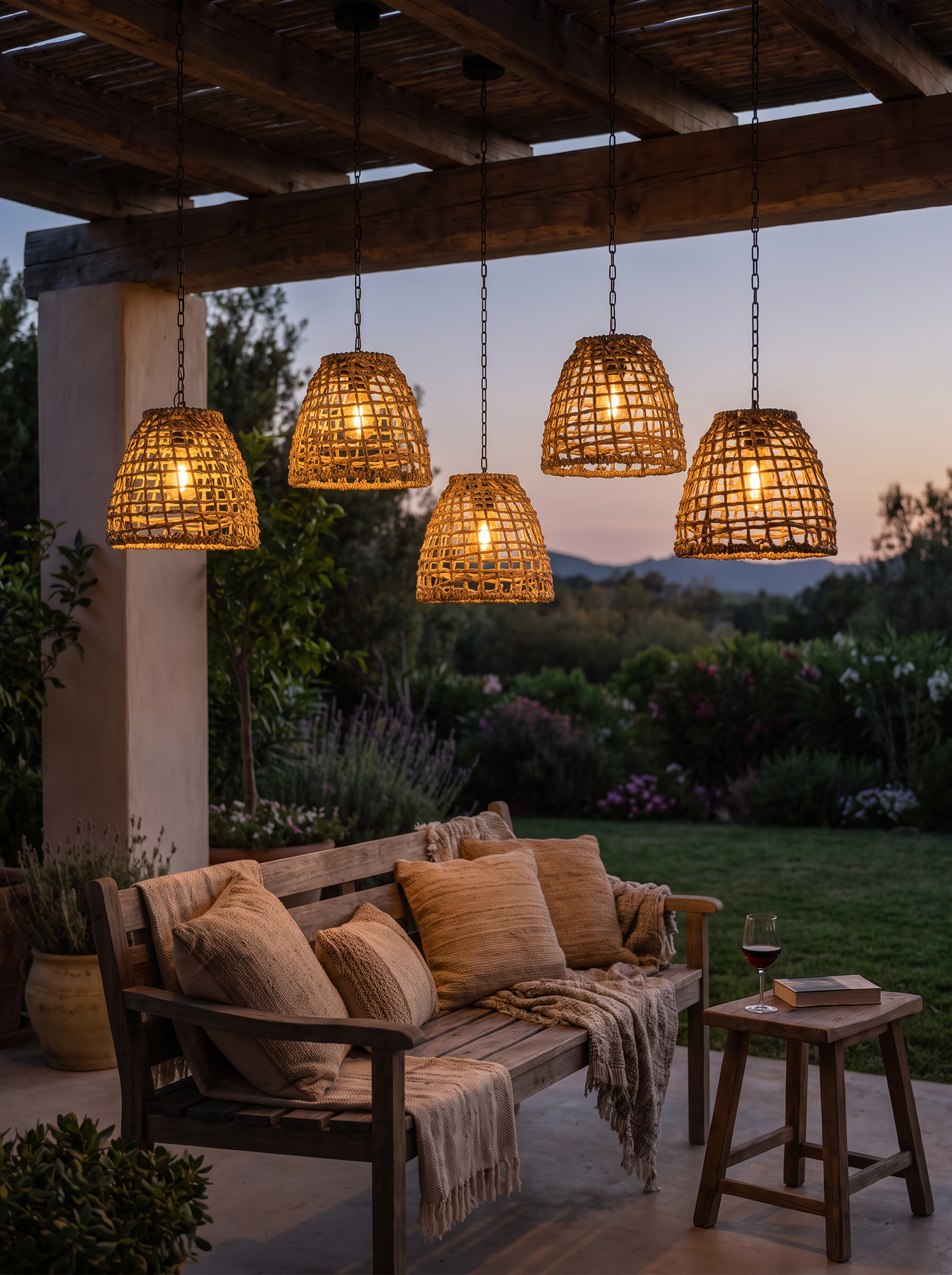 Thatch Solar Cage Pendant, Iron or Rattan Hanging Solar Garden Light f