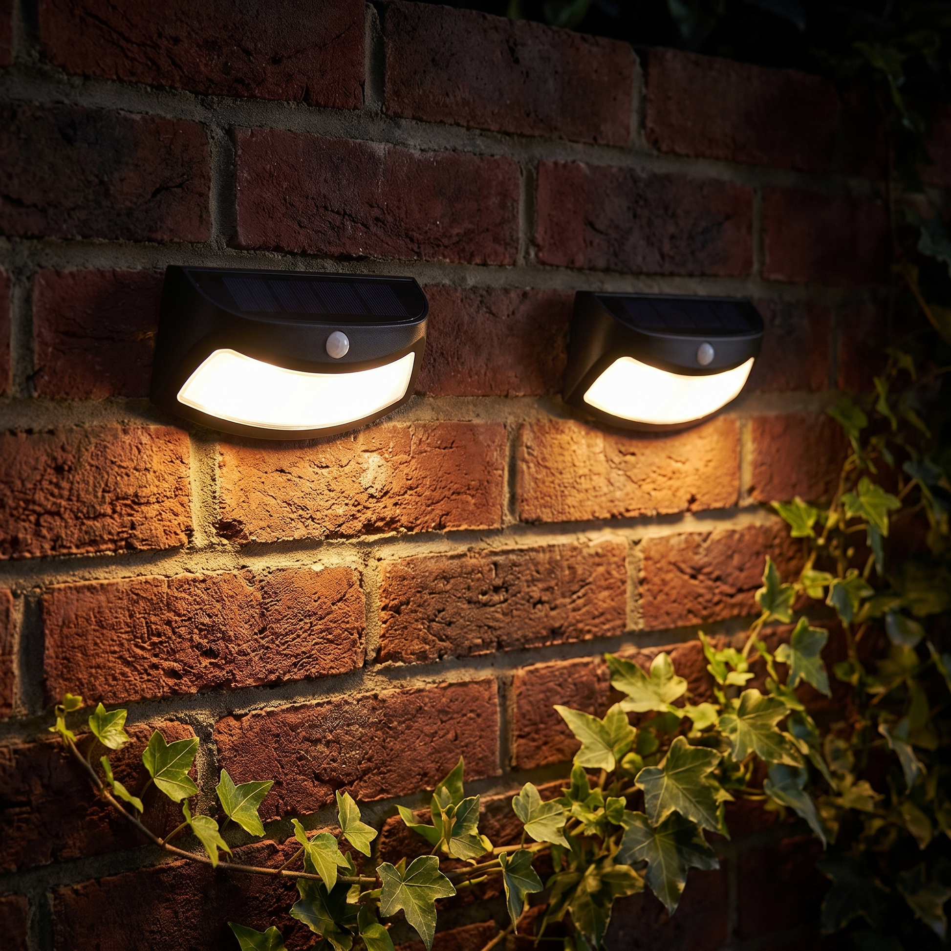 Two Alder lights in black lit on brick at night